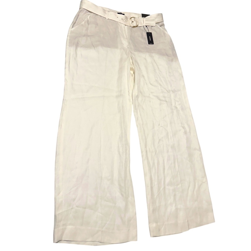 Express Editor Mid-Rise Linen-Blend Belted Relaxed Trouser Pants White 14R NEW